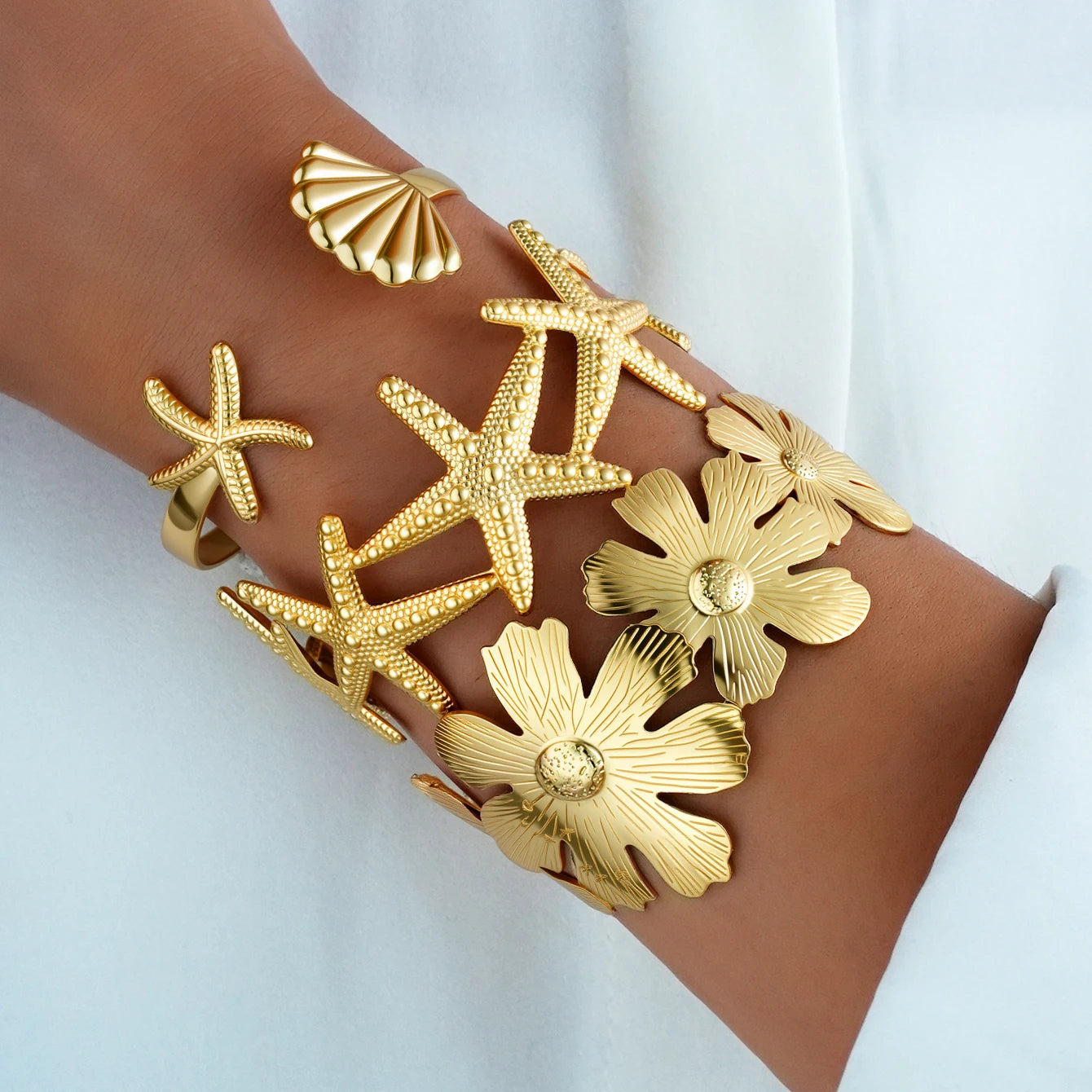 3 PCS Starfish & Floral Statement Cuff Set