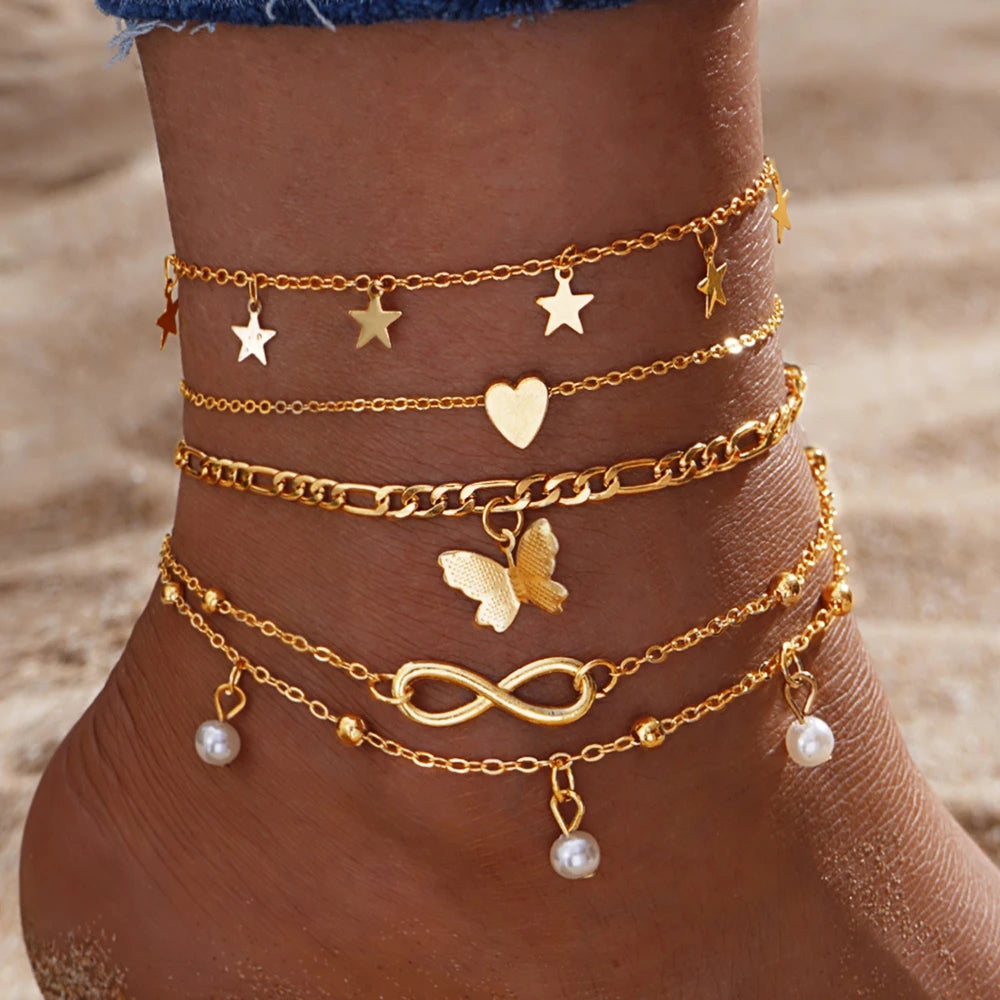 5 PCS Gold Charm Anklet Set