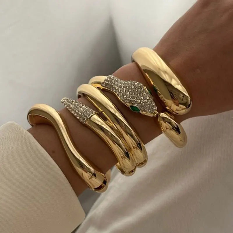 3 PCS Snake Rhinestone Chunky Bracelet Set