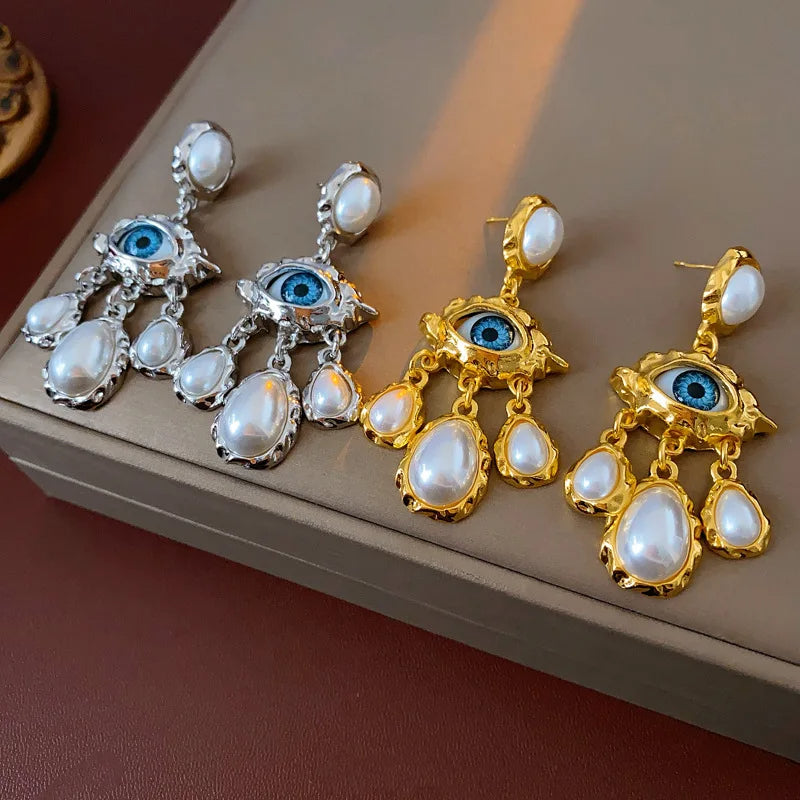 Evil Eye Pearl Drop Earrings