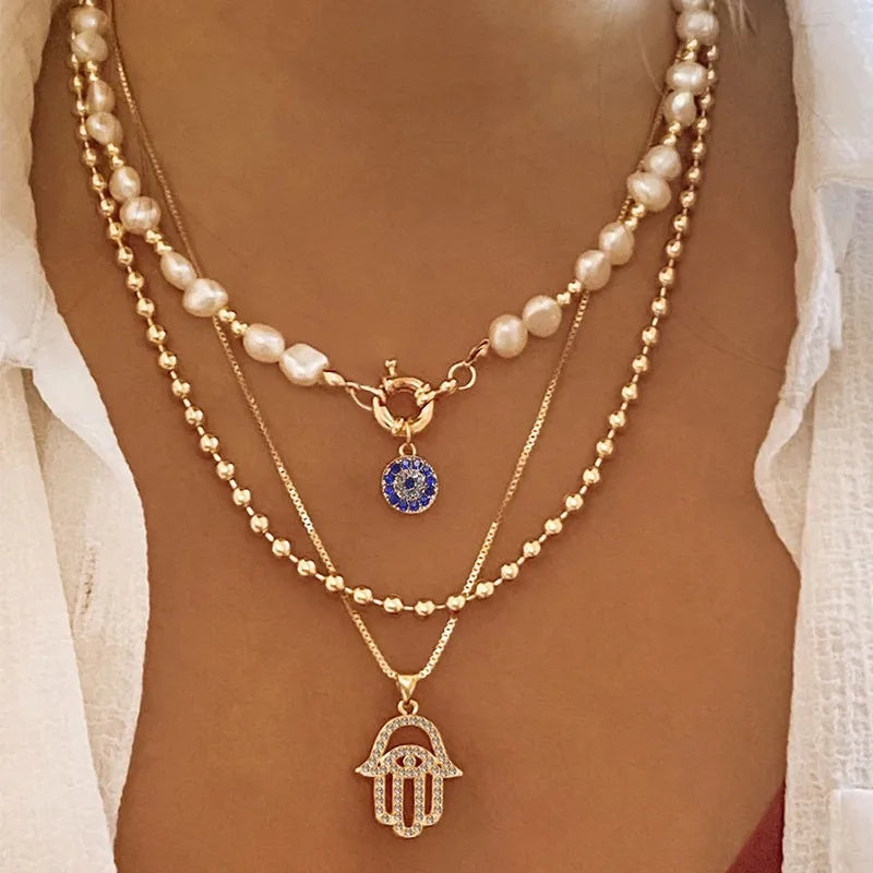 3 PCS Layered Hamsa & Pearl Necklace Set