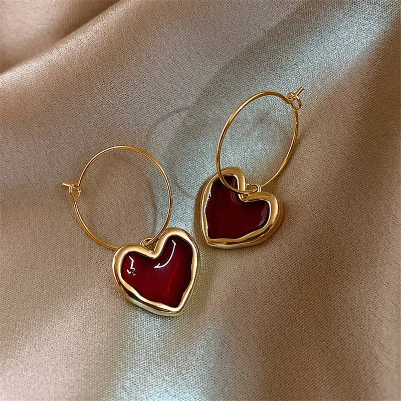 Burgundy Enamel Heart Earrings