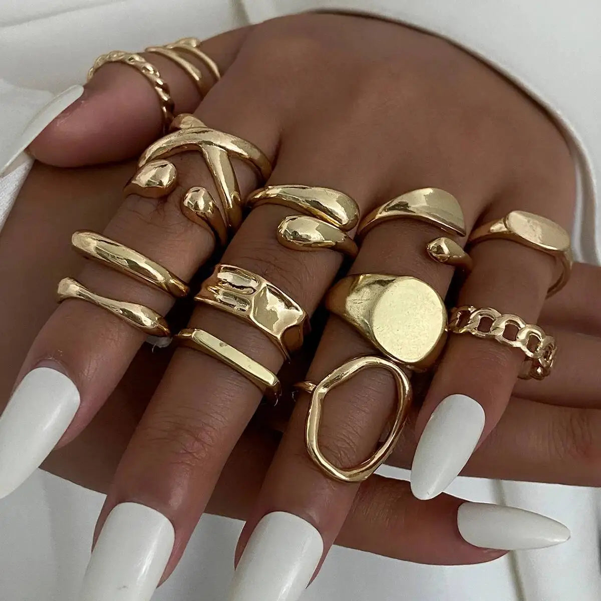 14 PCS Gold Punk Geometric Ring Set