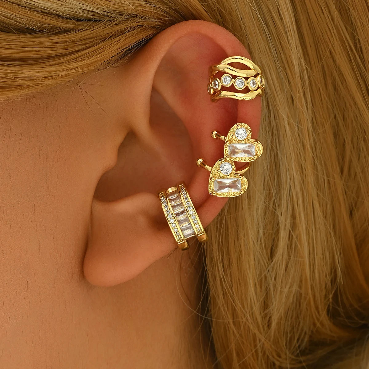 3 PCS Gold Crystal Cuff Earring Set