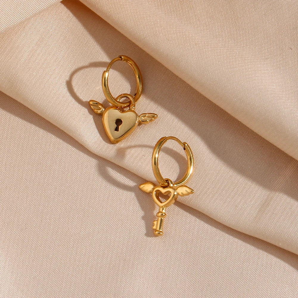 Angel Heart Lock & Key Earrings