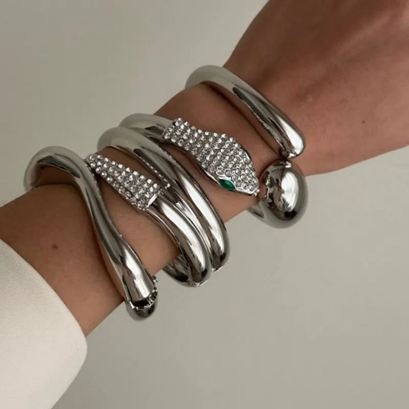 3 PCS Snake Rhinestone Chunky Bracelet Set