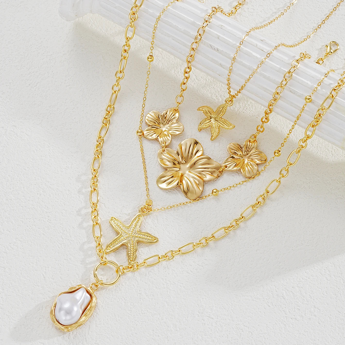 4 PCS Starfish Flower Necklace Set