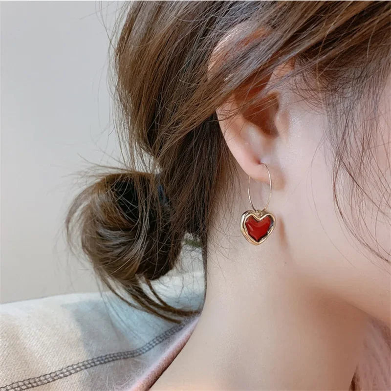 Burgundy Enamel Heart Earrings