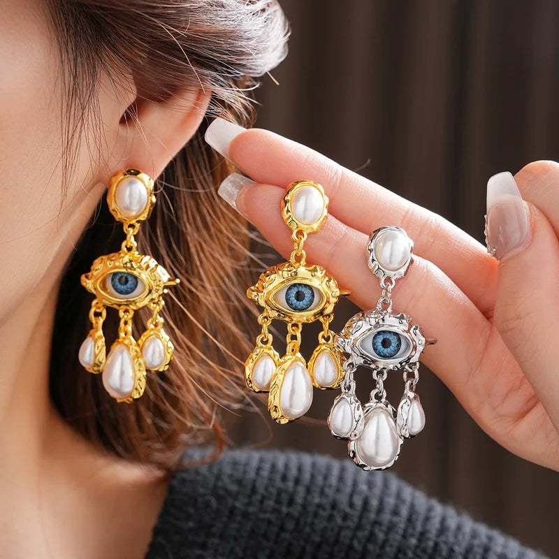 Evil Eye Pearl Drop Earrings