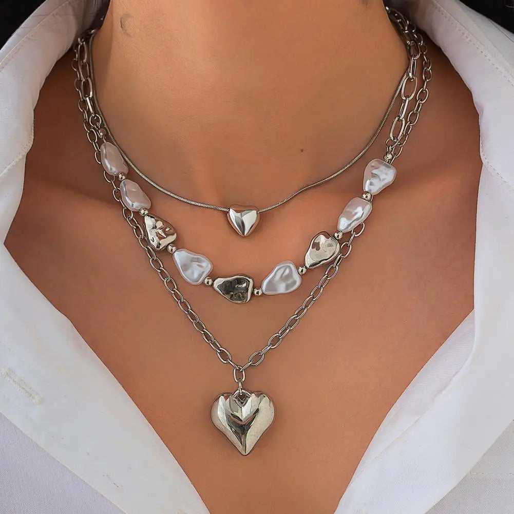 3 PCS Pearl Tassel Heart Choker Necklace