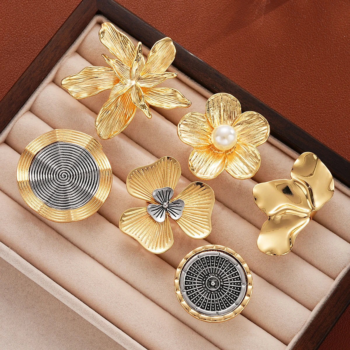 6 PCS Oversized Floral & Abstract Ring Set