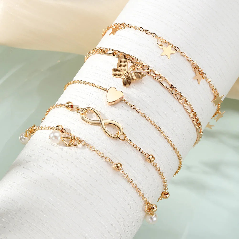 5 PCS Gold Charm Anklet Set