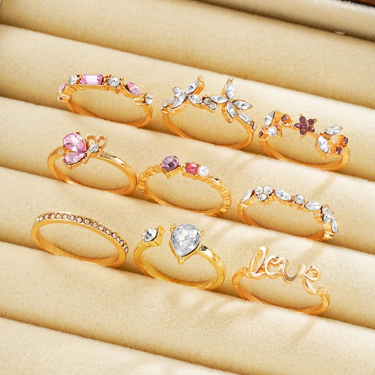 9 PCS Crystal Love Ring Set