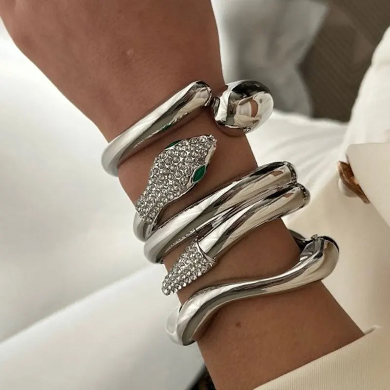 3 PCS Snake Rhinestone Chunky Bracelet Set