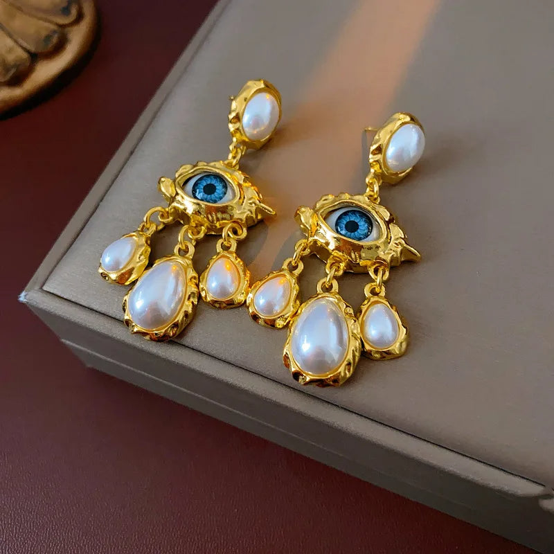 Evil Eye Pearl Drop Earrings