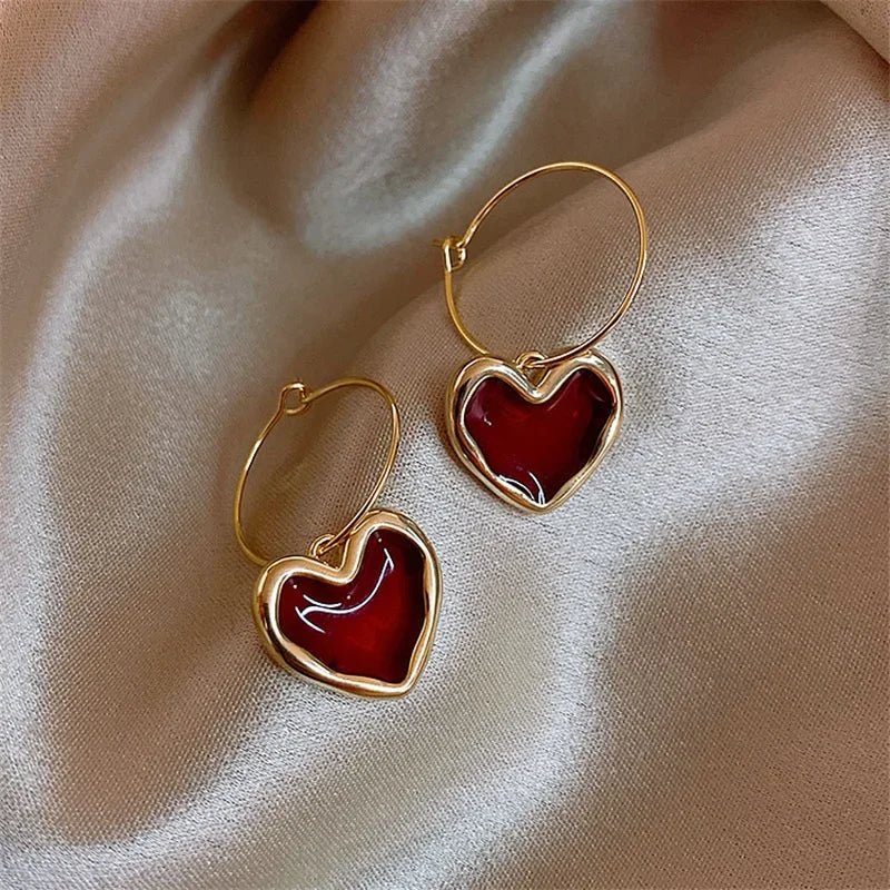Burgundy Enamel Heart Earrings