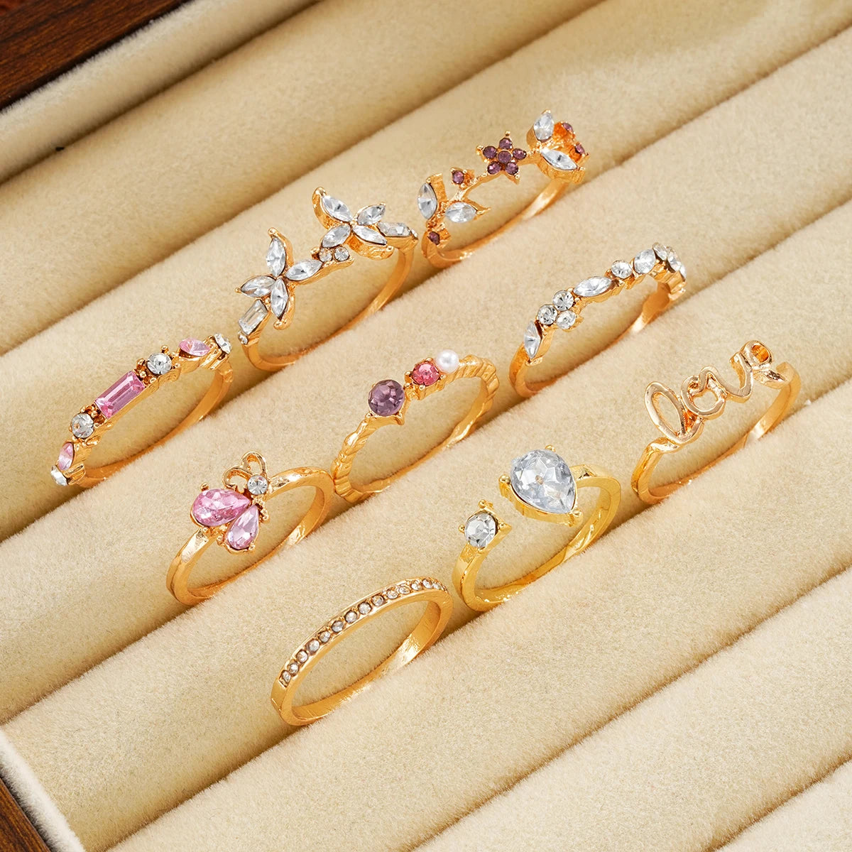 9 PCS Crystal Love Ring Set