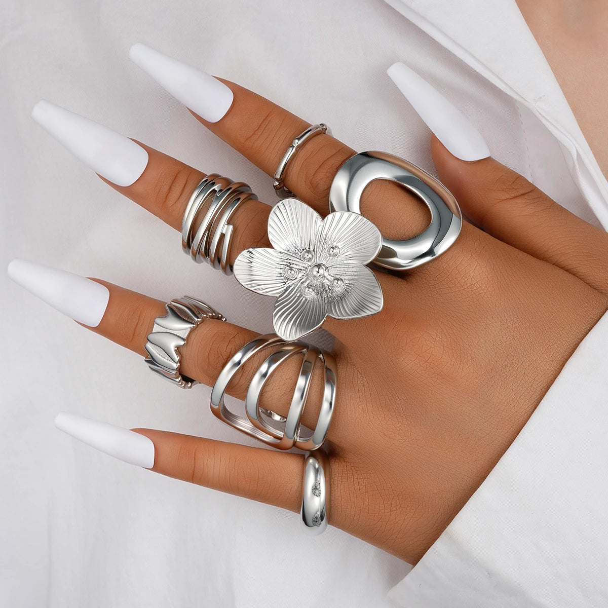 6 PCS Oversized Floral & Abstract Ring Set