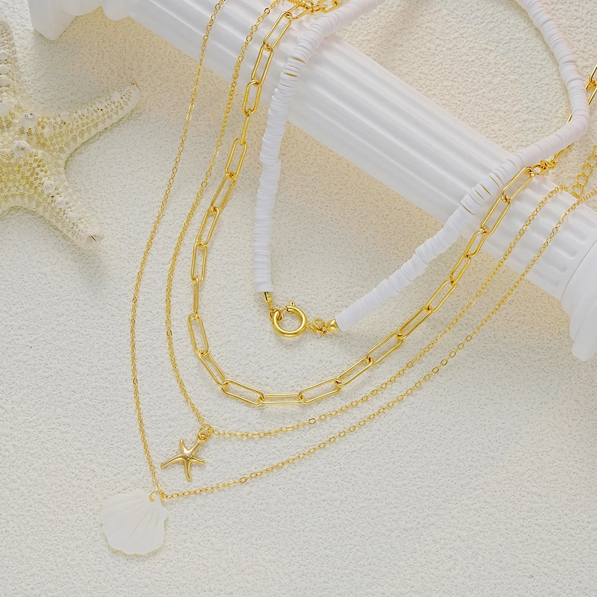 4 PCS Starfish & Shell Layered Necklace Set