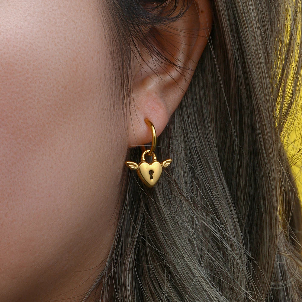 Angel Heart Lock & Key Earrings