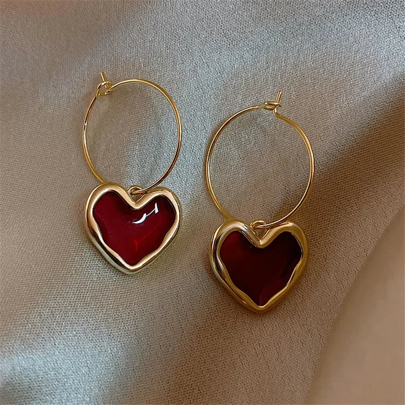 Burgundy Enamel Heart Earrings