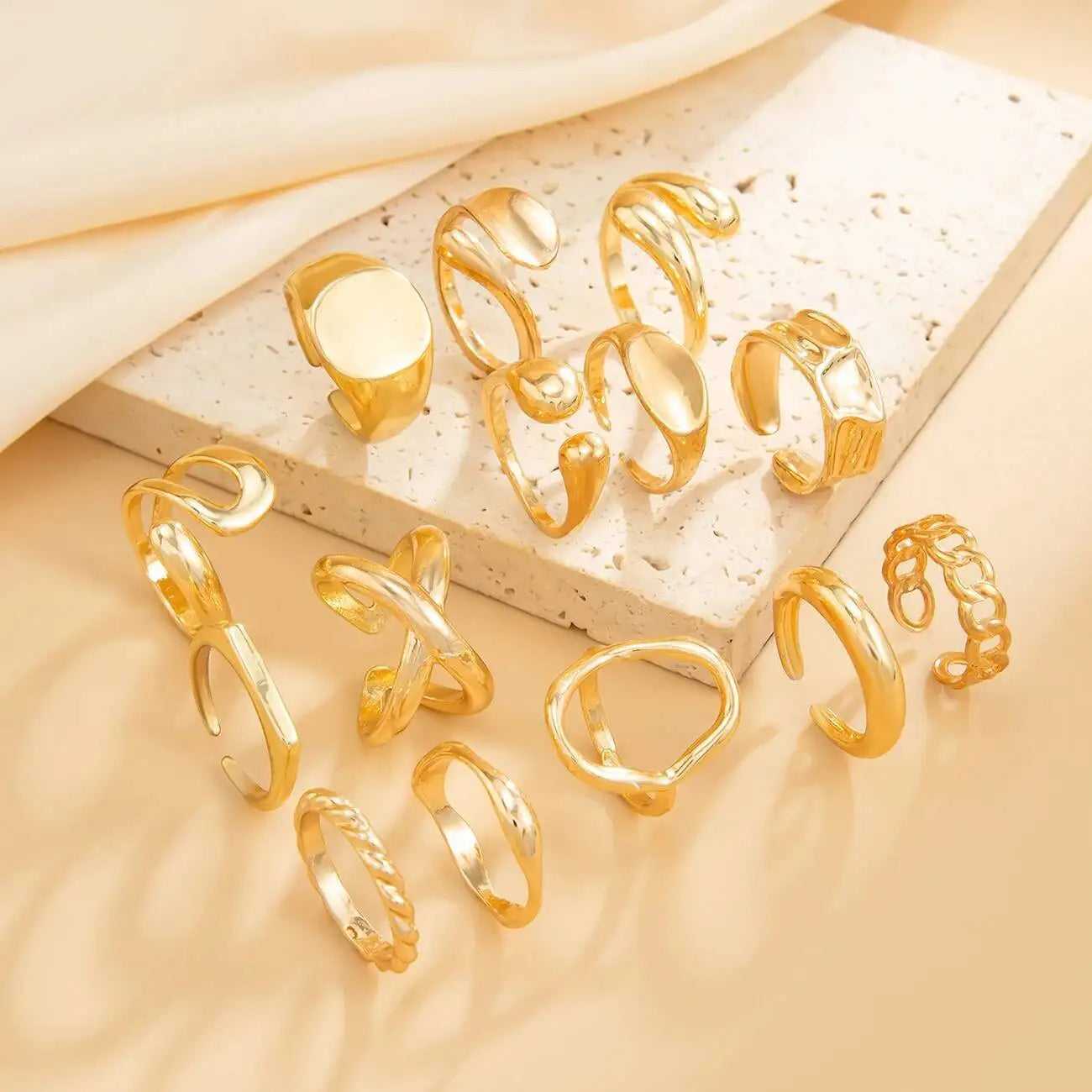 14 PCS Gold Punk Geometric Ring Set