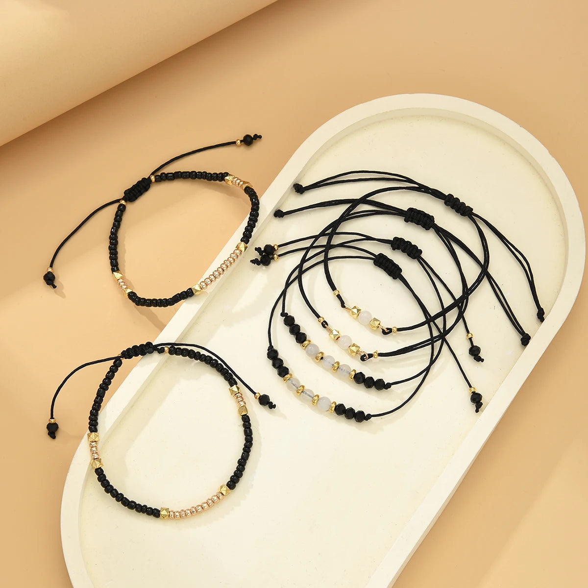 6 PCS Black Beaded Bracelet Set