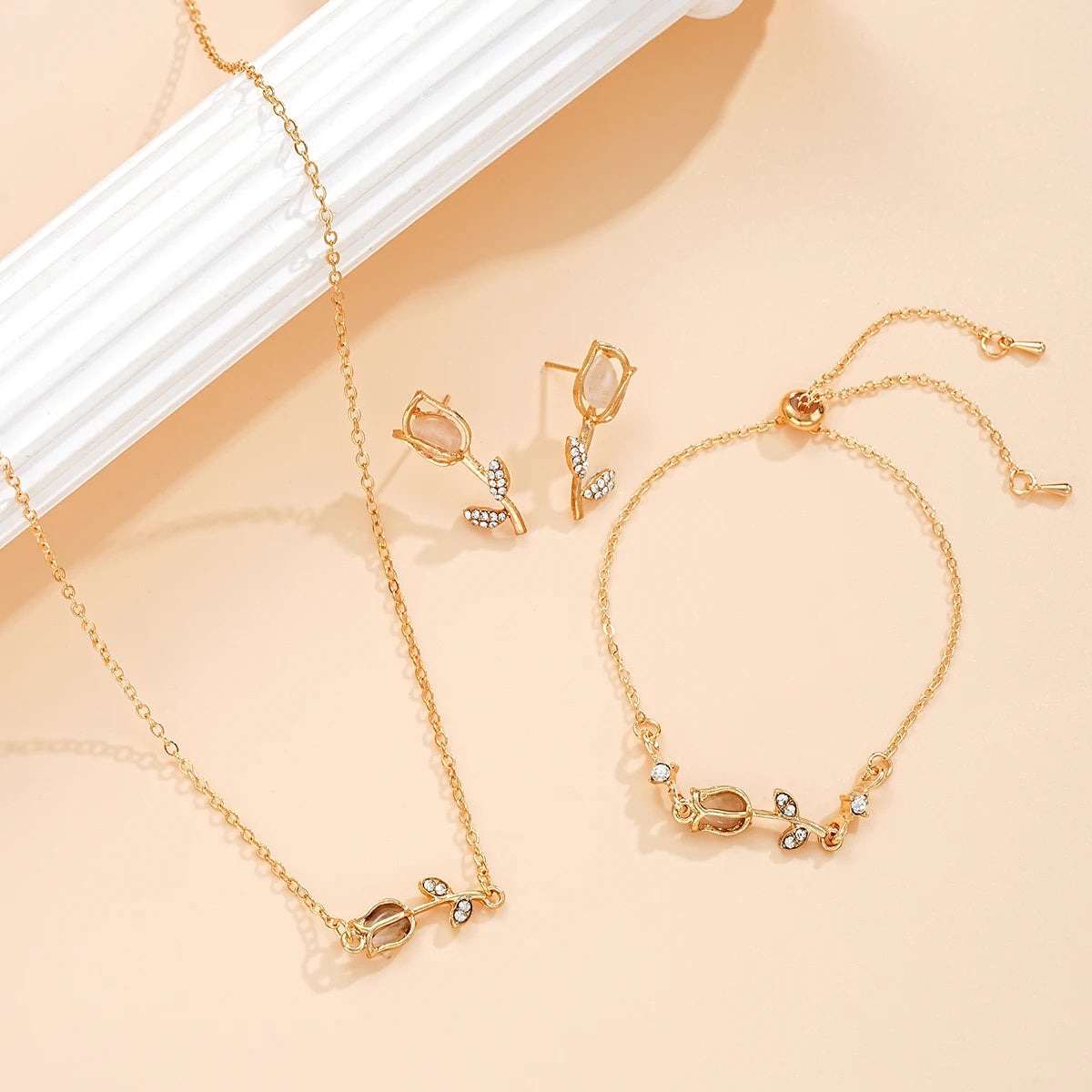 3 PCS Gold Tulip Flower Jewelry Set