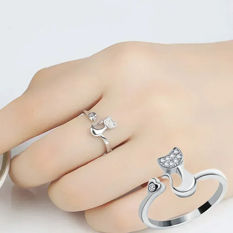 Crystal Cat Heart Ring