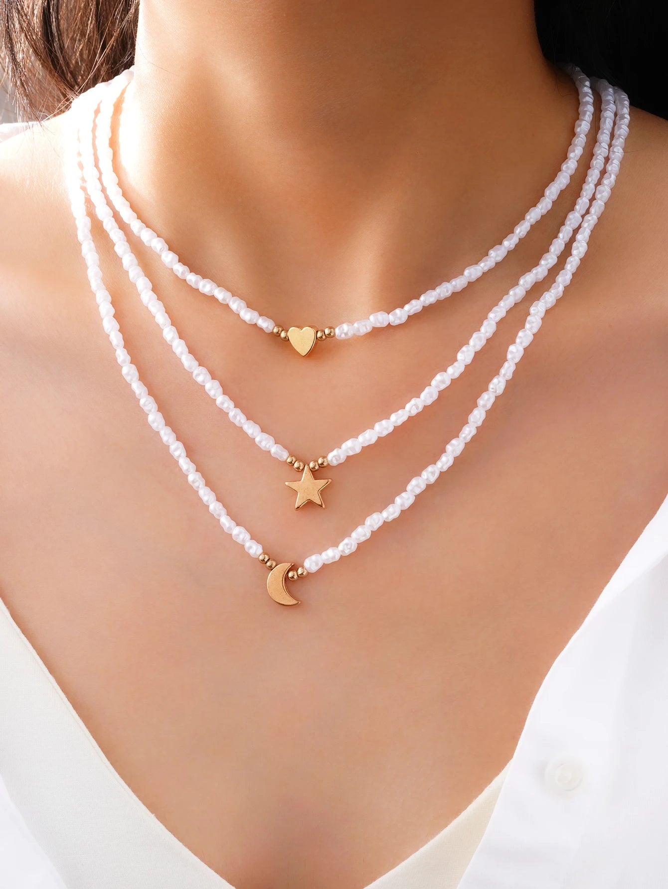 3 PCS Layered Pearl & Charm Necklace Set