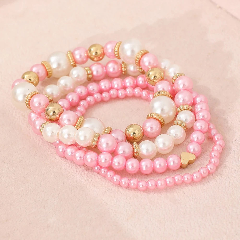 4 PCS White Pearl Beaded Bracelet Set