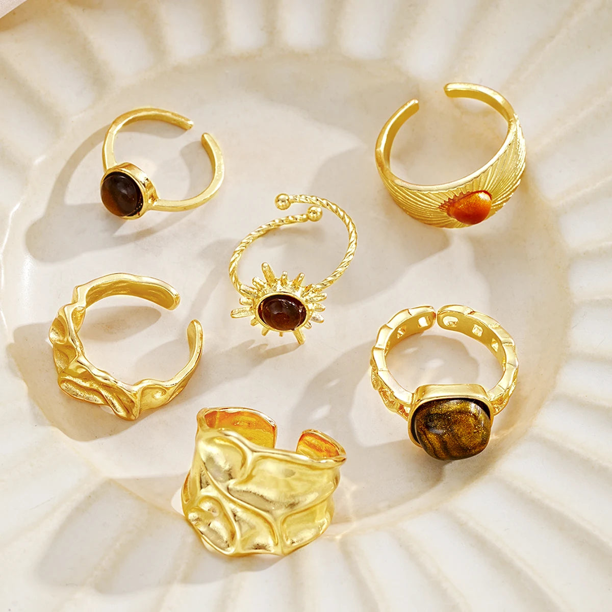 6 PCS Vintage Tiger Eye Ring Set