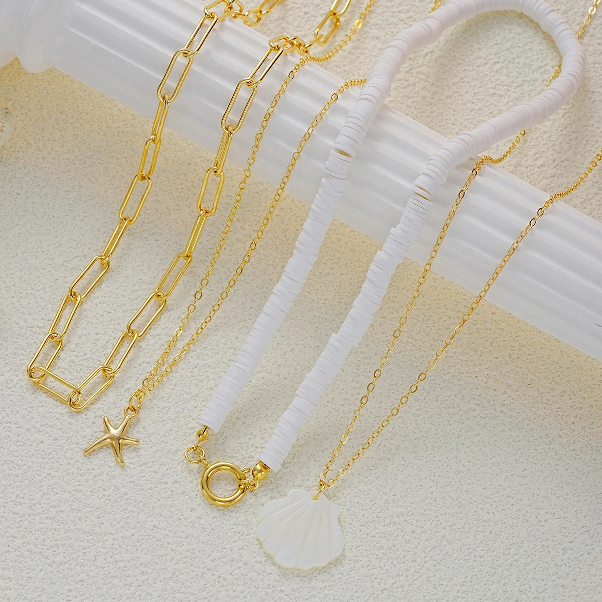 4 PCS Starfish & Shell Layered Necklace Set