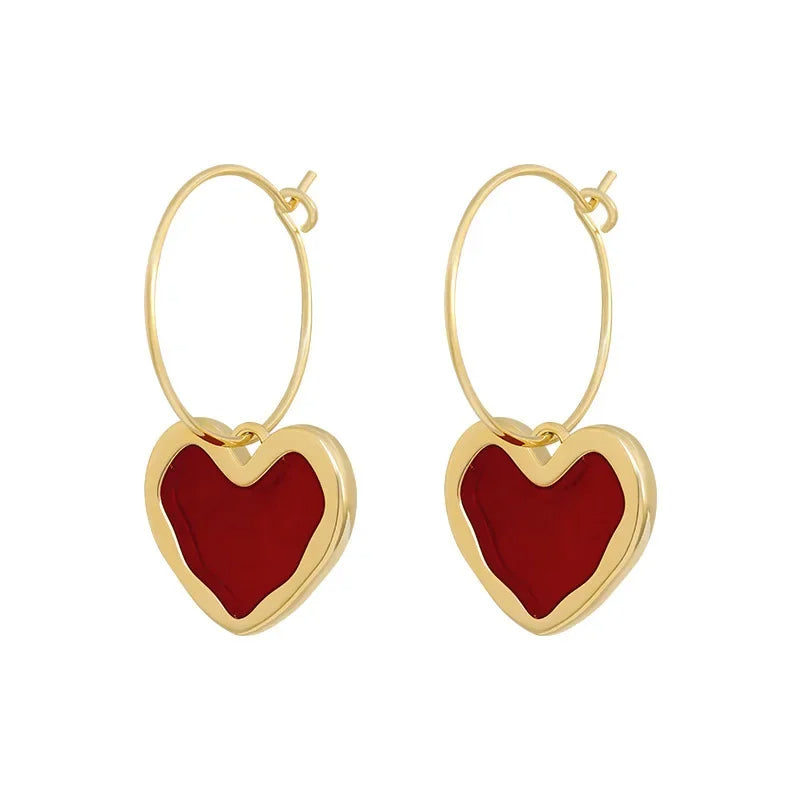 Burgundy Enamel Heart Earrings