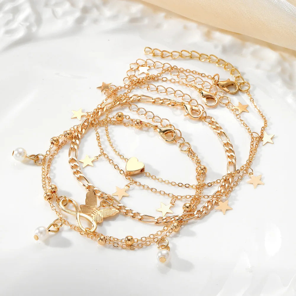 5 PCS Gold Charm Anklet Set