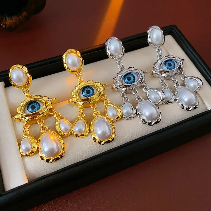 Evil Eye Pearl Drop Earrings