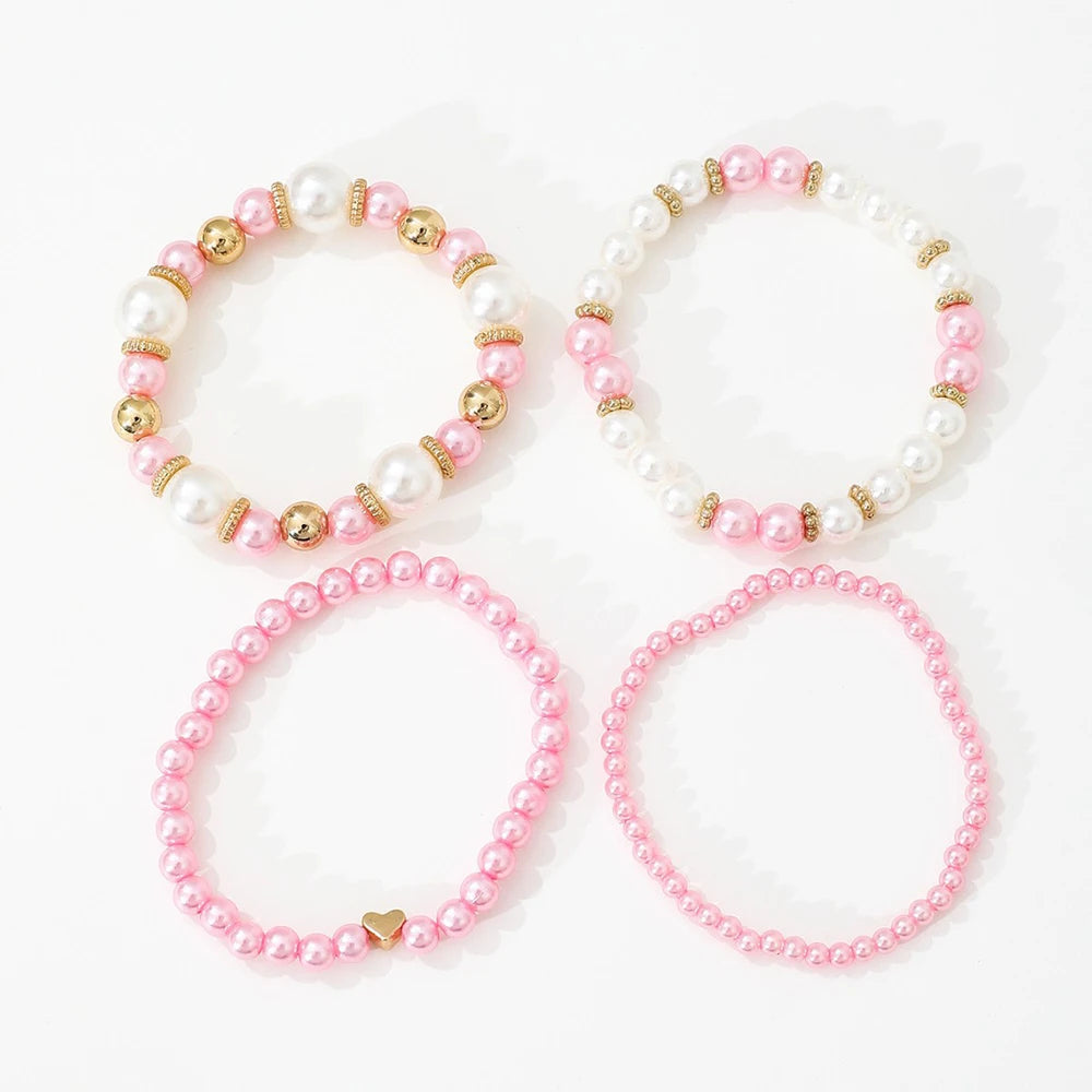 4 PCS White Pearl Beaded Bracelet Set