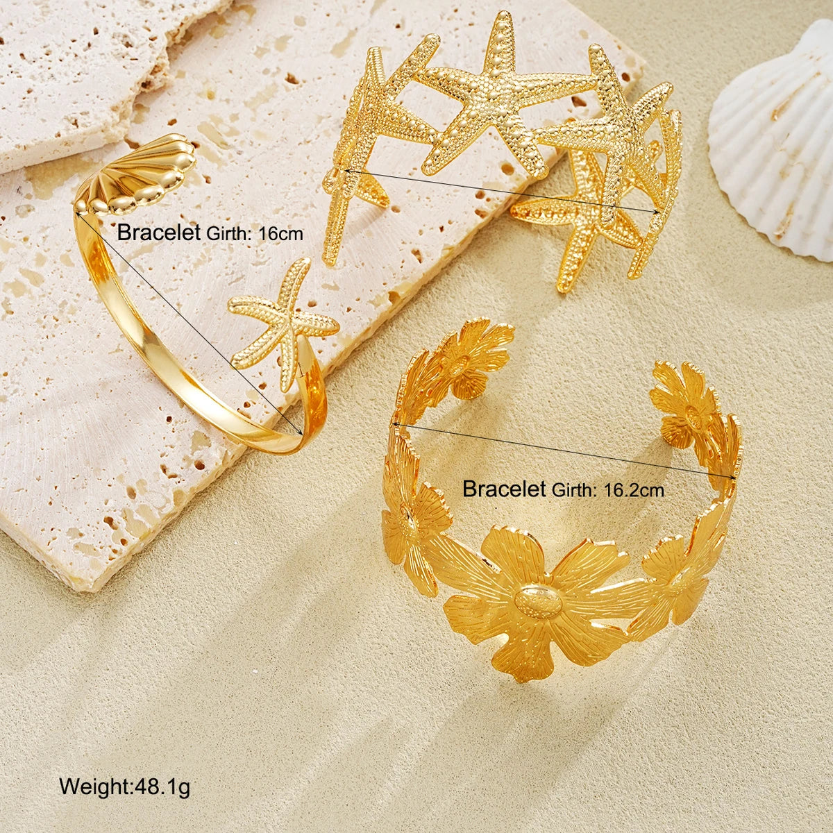 3 PCS Starfish & Floral Statement Cuff Set