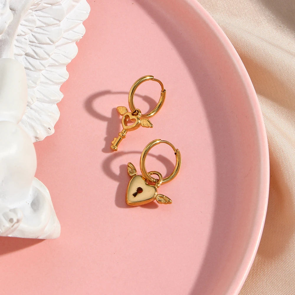 Angel Heart Lock & Key Earrings