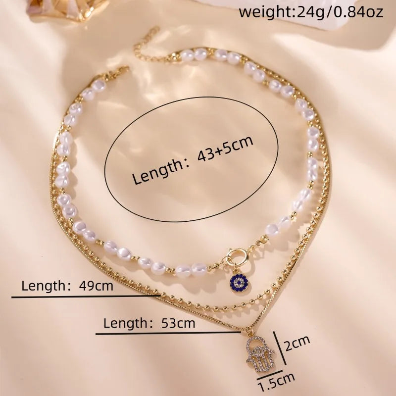 3 PCS Layered Hamsa & Pearl Necklace Set