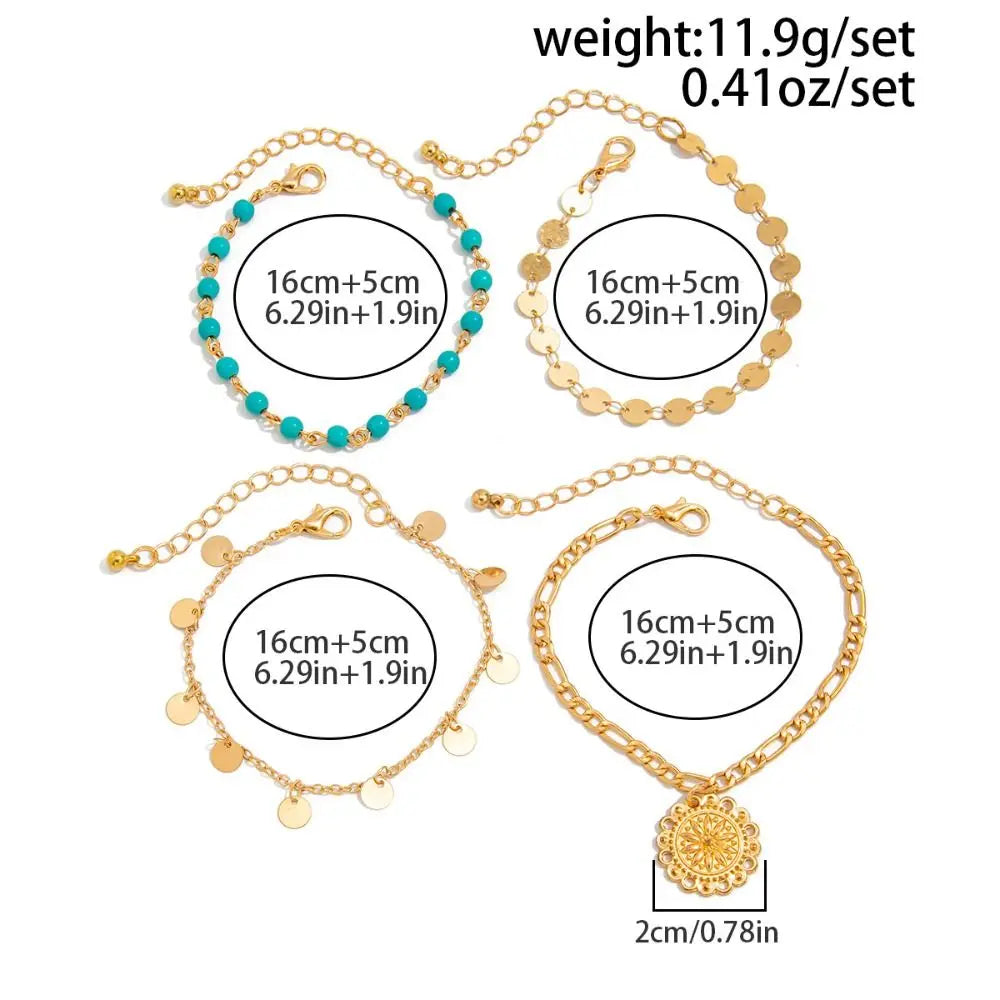 4 PCS Sequin & Sun Pendant Bracelet Set