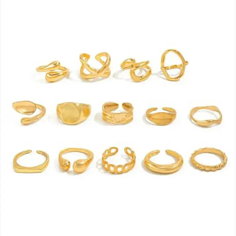 14 PCS Gold Punk Geometric Ring Set