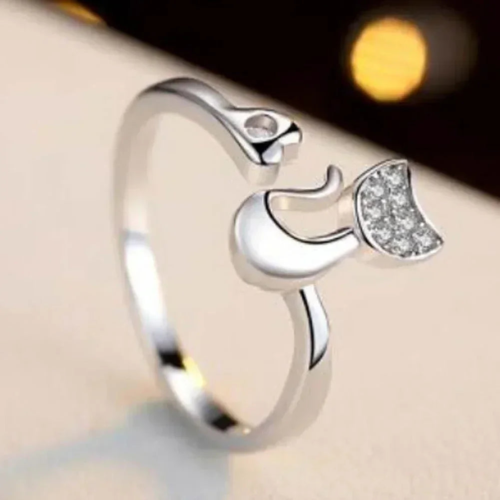 Crystal Cat Heart Ring