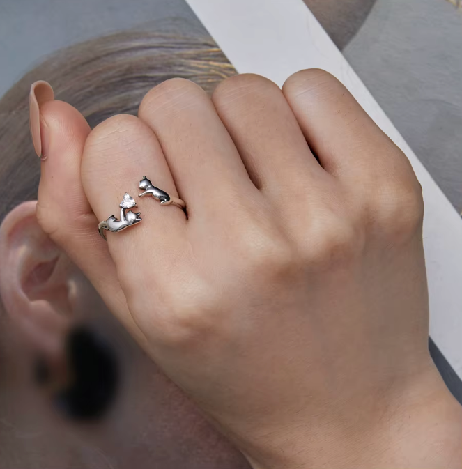 Silver Cat Heart Ring