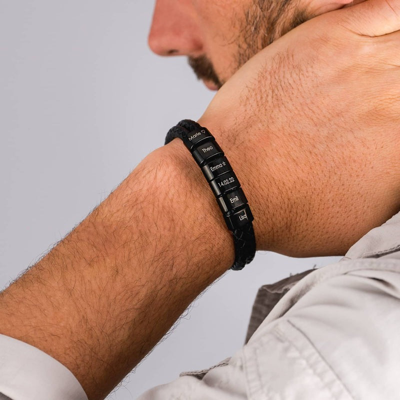 Engraved Beaded Leather Bracelet