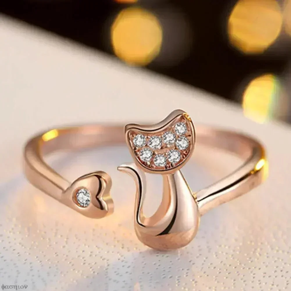 Crystal Cat Heart Ring
