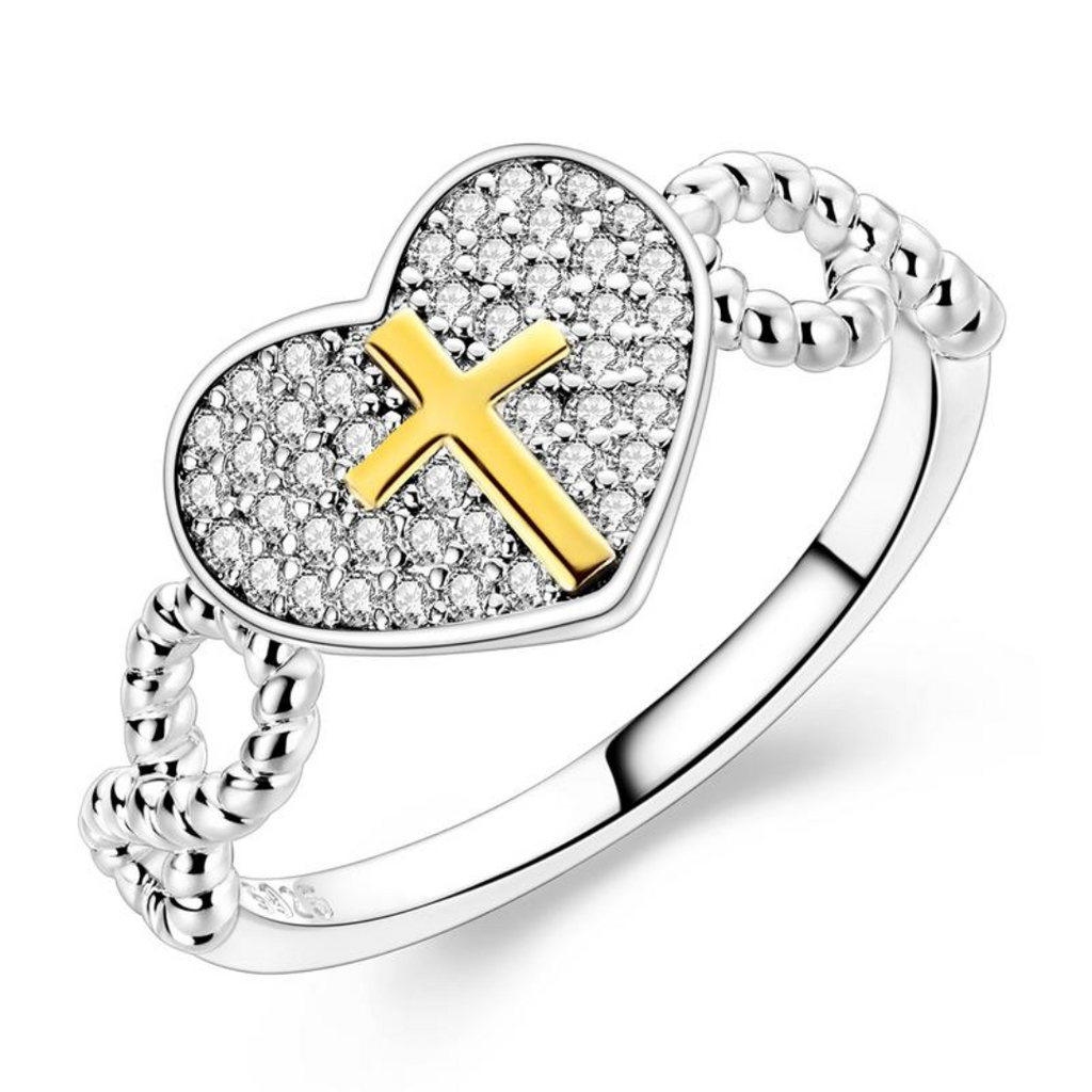 Silver Heart Cross Ring