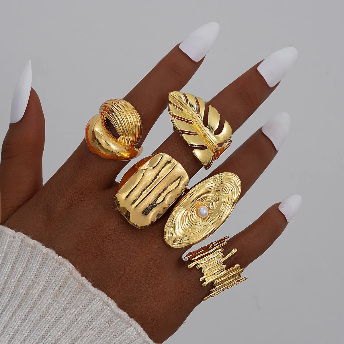 5 PCS Statement Textured Gold Ring Set