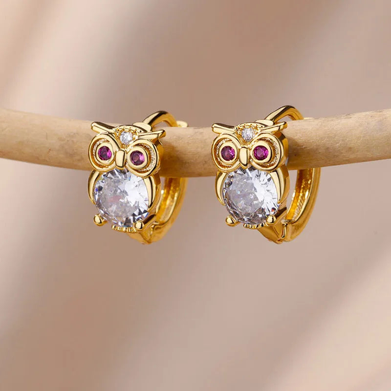 Crystal Owl Hoop Earrings