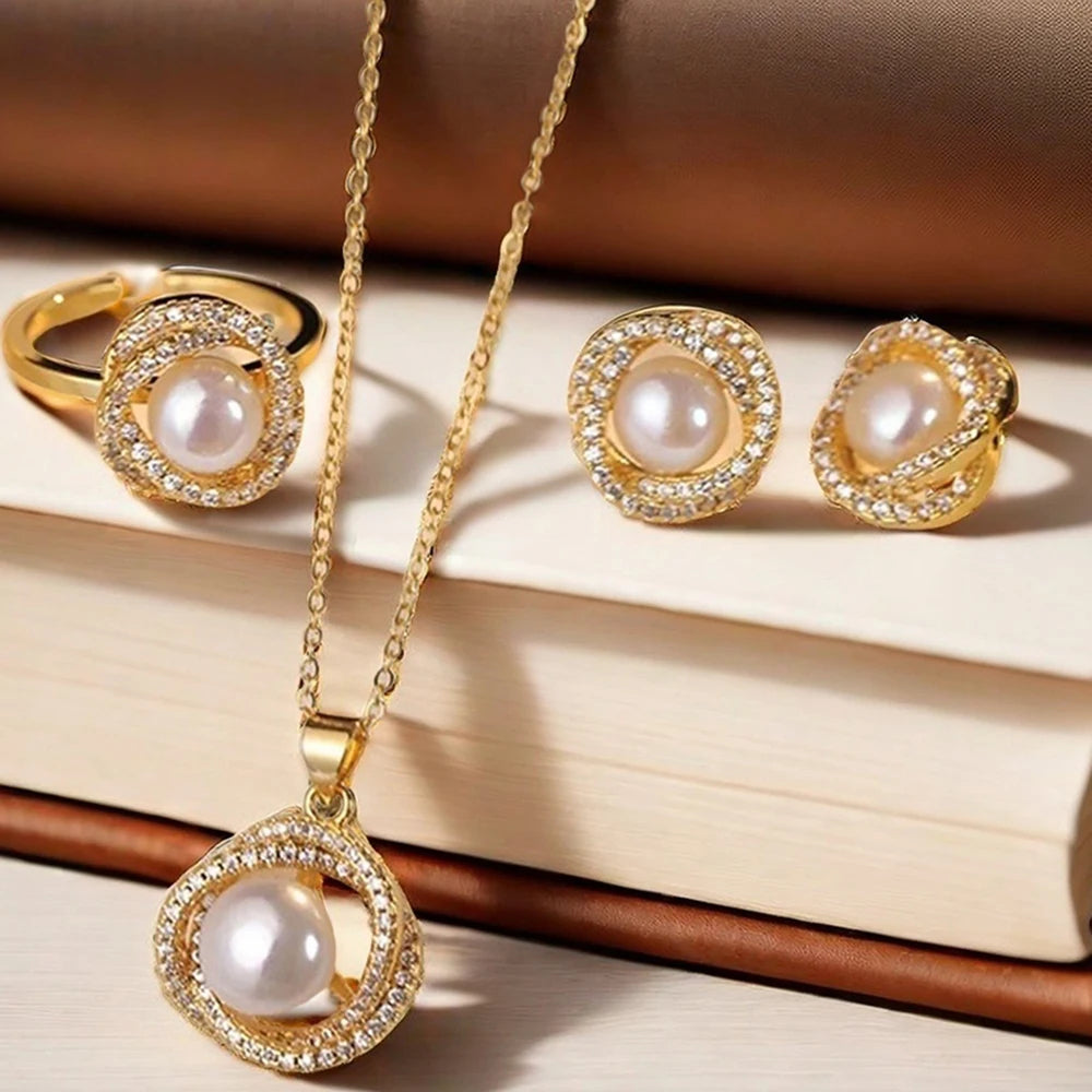 4 PCS Pearl Geometric Necklace, Earrings & Ring Set